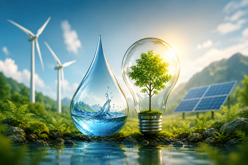 Water droplet and light bulb containing a green tree, with wind turbines and solar panels in a sunny landscape, symbolizing clean energy and sustainability.