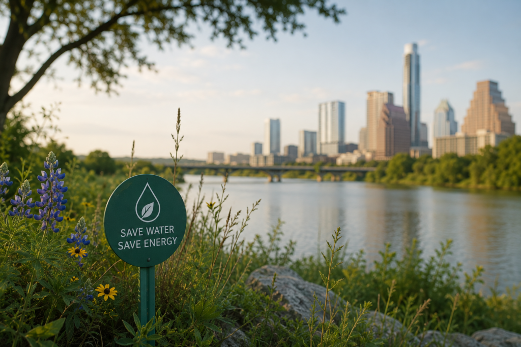 Save Water, Save Energy sign surrounded by wildflowers along a river, with a Austin skyline in the background.
