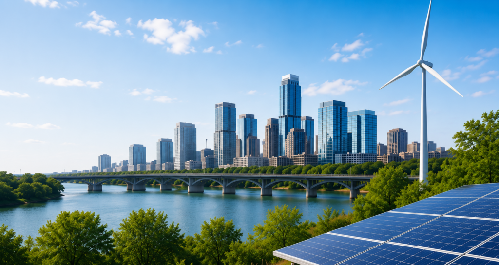 Solar panels and a wind turbine beside a river, with a bridge and modern city skyline surrounded by greenery.